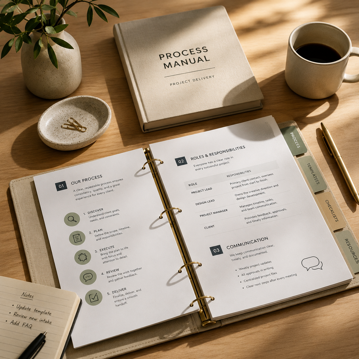 Open planner/open notebook with project process and roles pages, pen, coffee mug, potted plant, small dish with paper clips, and notes on a wooden desk.