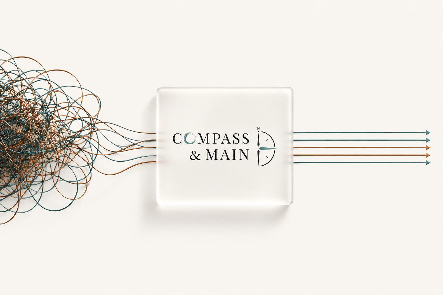Complex and tangled business challenges being organized into clear, streamlined systems and processes.