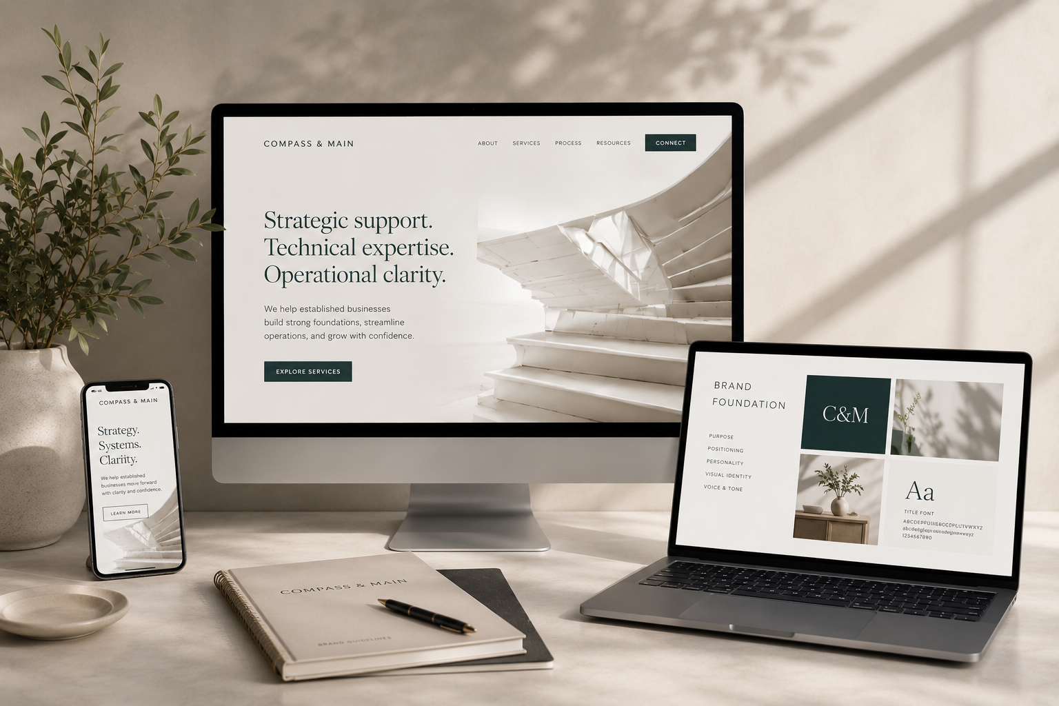 Business website and brand identity displayed across desktop and laptop screens, representing a cohesive digital presence, professional branding, and strategic business growth.