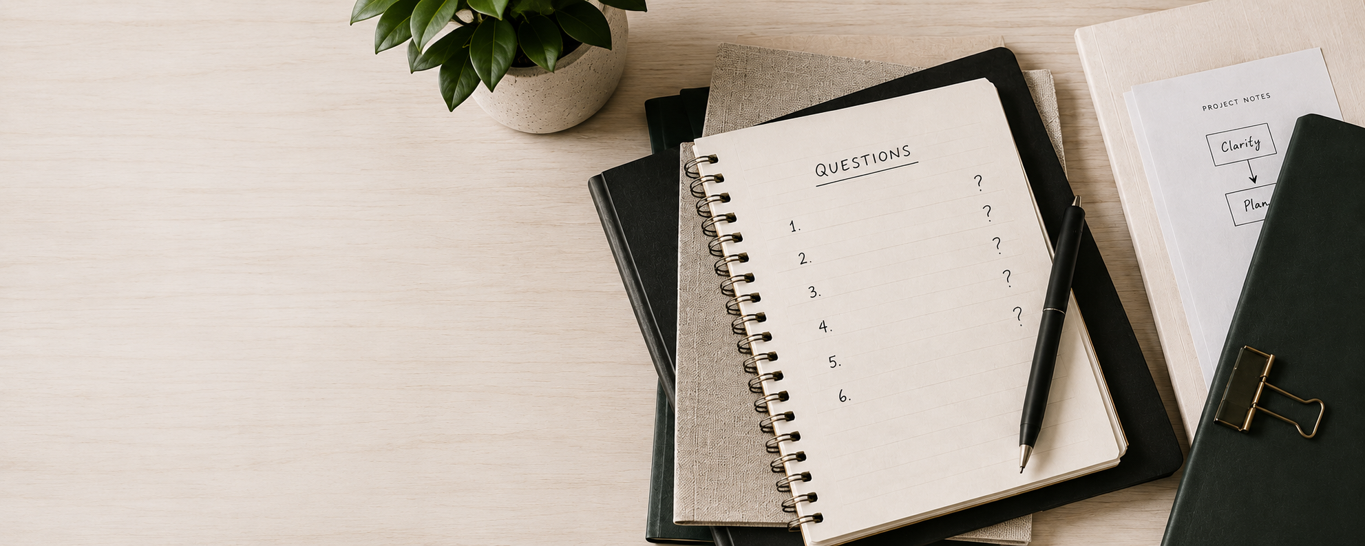 Business planning workspace featuring a notebook with a clarity framework, strategic notes, and professional materials that illustrate how clear direction supports better decisions, stronger systems, and sustainable growth.