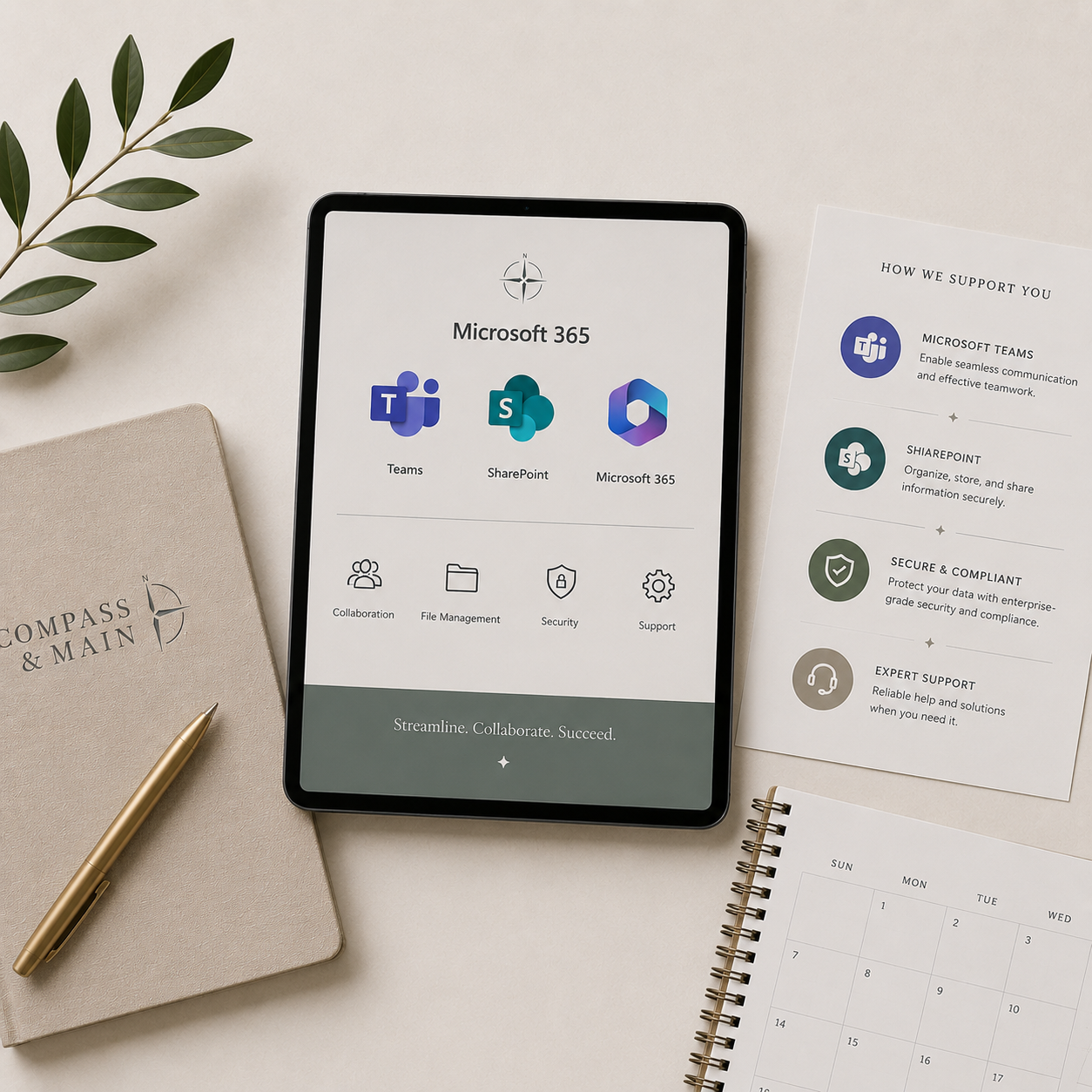 Microsoft 365 applications displayed on a tablet alongside business planning materials, representing collaboration, communication, document management, and productivity tools.