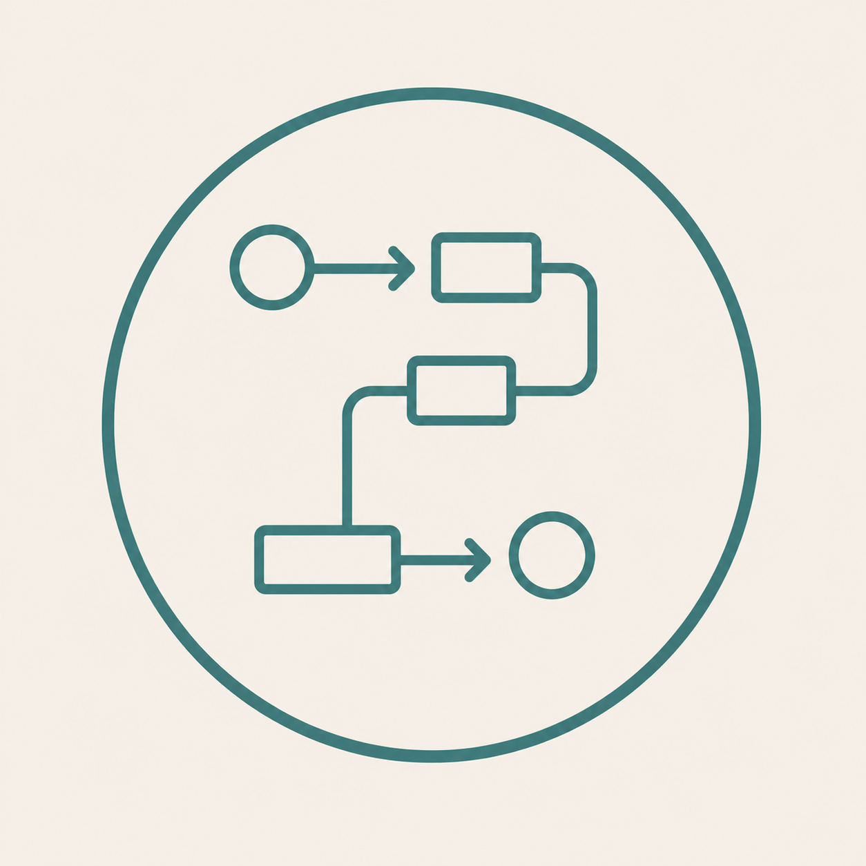 Icon of a workflow diagram with connected steps and directional arrows, representing business processes, operational systems, and structured workflows.