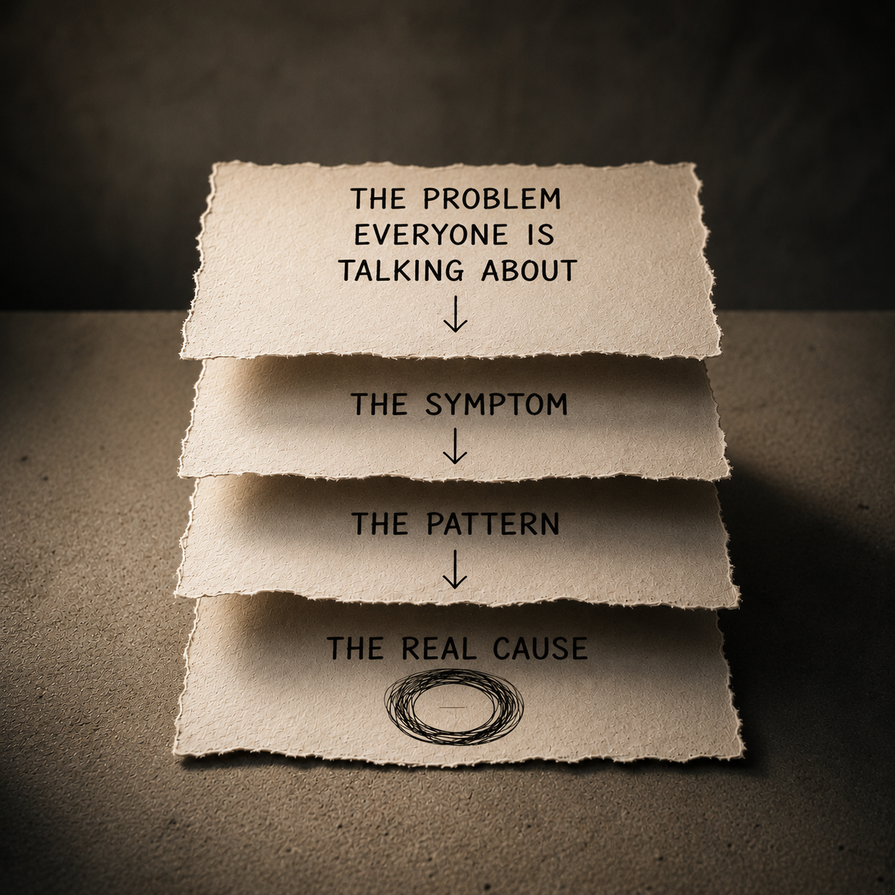 Layered paper illustration showing how visible problems often sit above symptoms, patterns, and deeper root causes, with the message: "The problem everyone is talking about → The symptom → The pattern → The real cause."