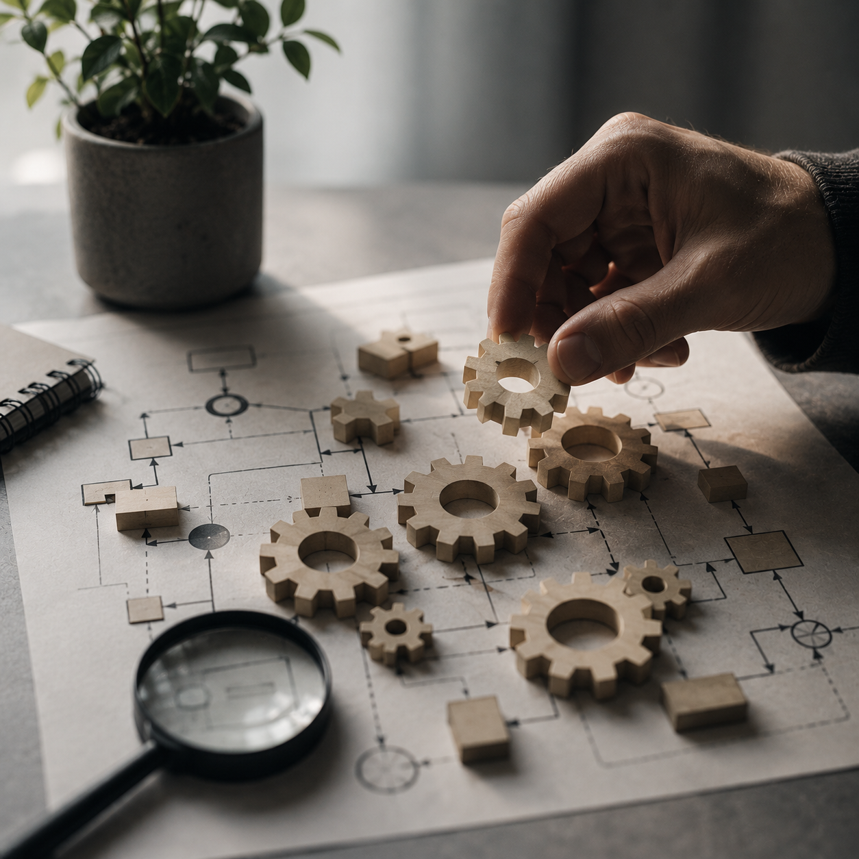 Hand arranging interconnected gears on top of a workflow diagram, representing process improvement, operational systems, problem-solving, and how individual business components work together.