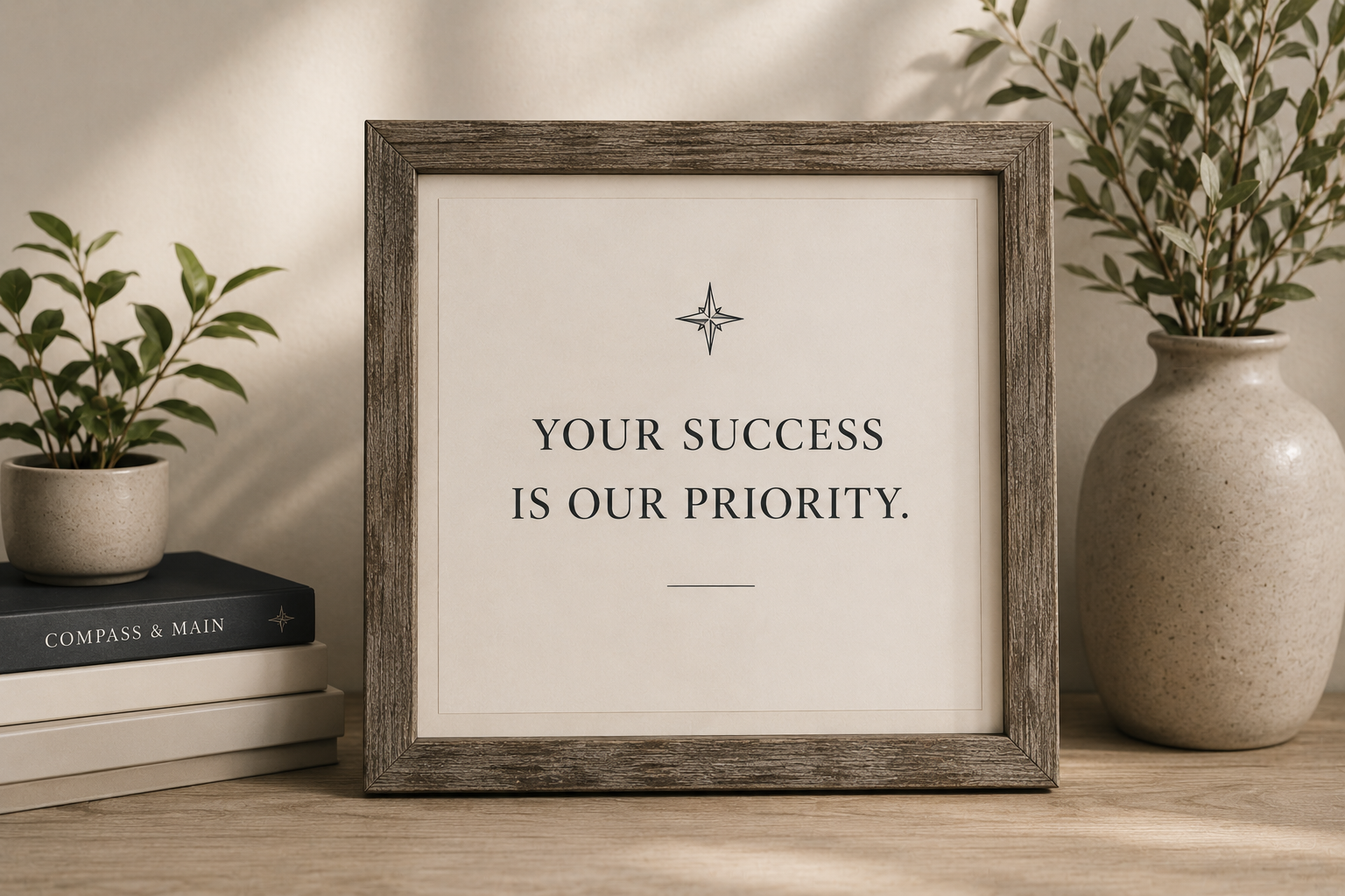 Framed message reading "Your Success Is Our Priority" displayed in a clean, professional workspace, representing partnership, support, and client-focused service.