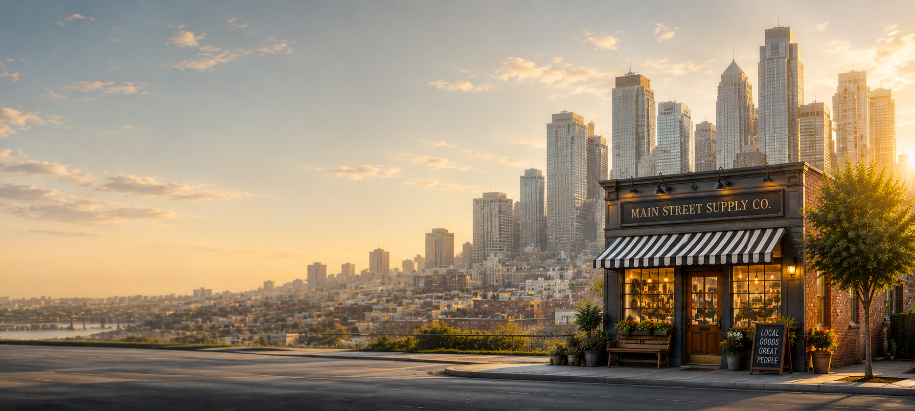 Small storefront named Main Street Supply Co. with a black and white striped awning, at sunset, with city skyscrapers in the background, trees, and a sidewalk with potted plants.