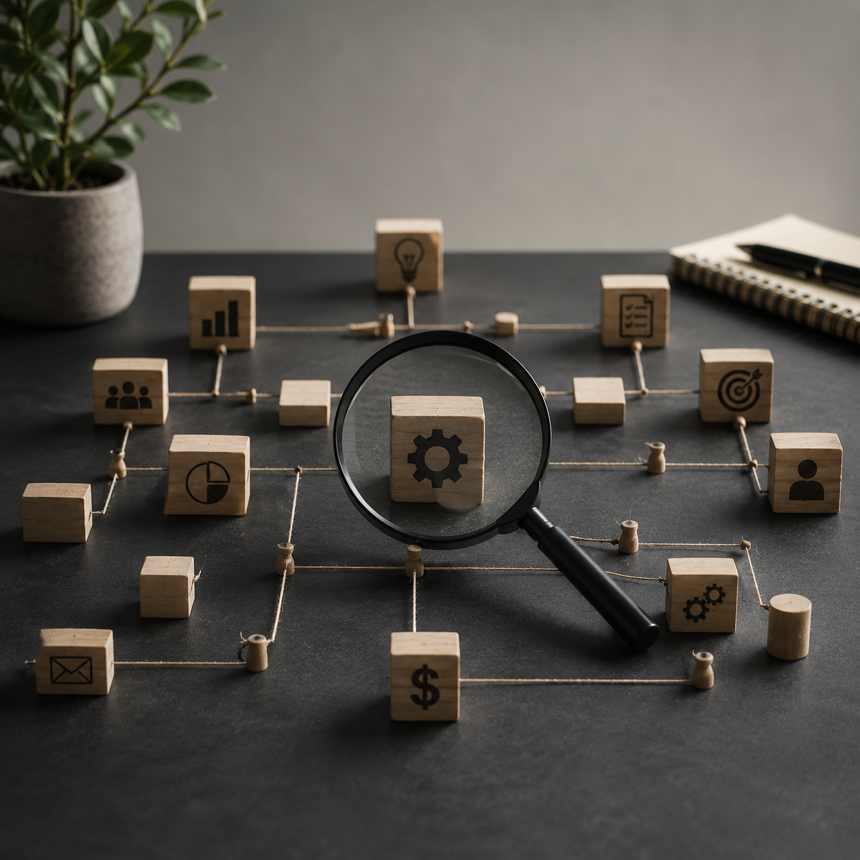 Magnifying glass focused on a connected business system, representing operational analysis, process improvement, root cause investigation, and strategic problem-solving.