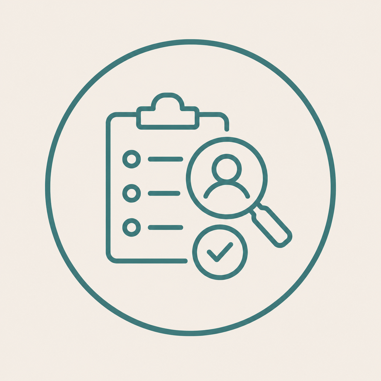 Icon of a business assessment showing a clipboard, magnifying glass, and checklist, representing evaluation, analysis, and strategic planning.
