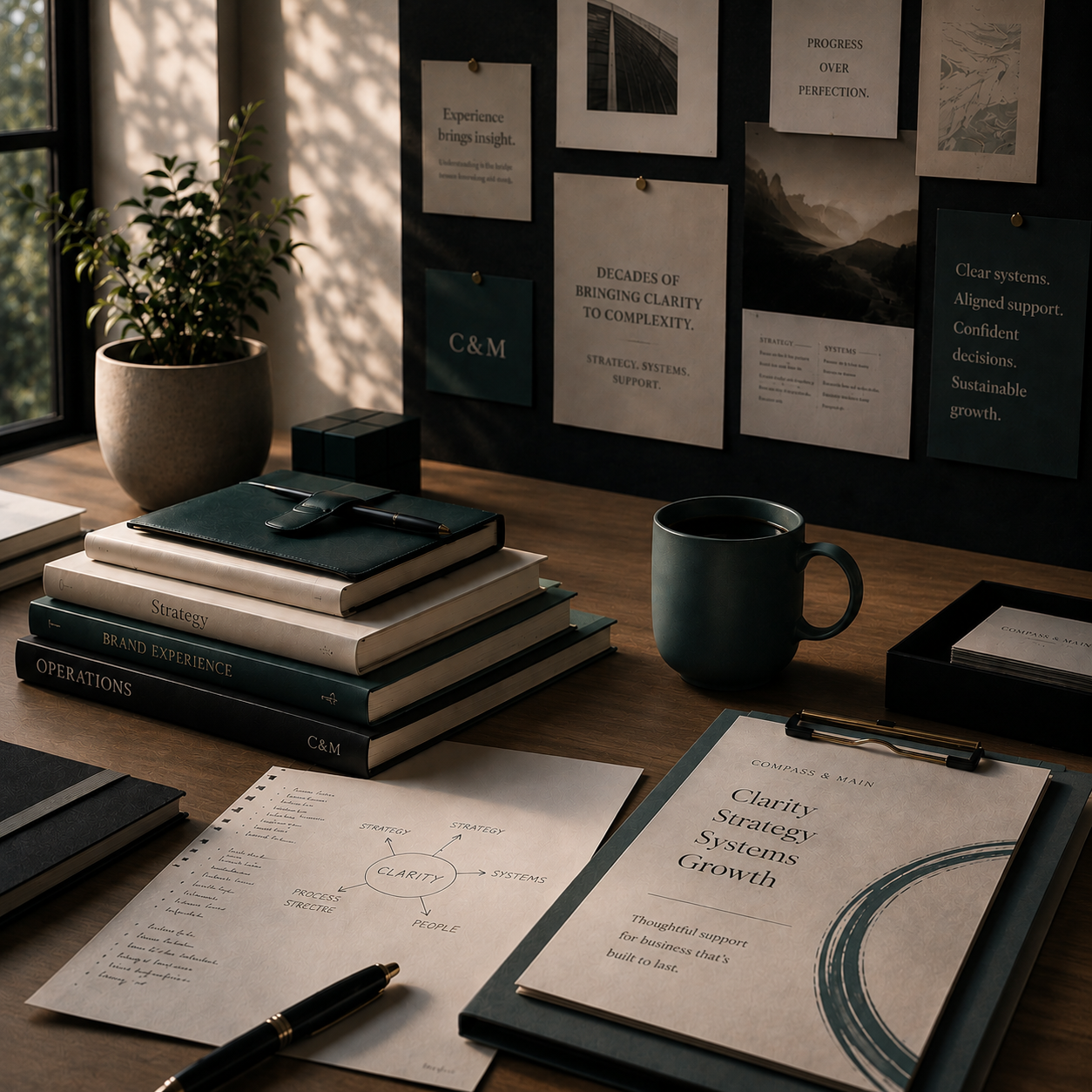 Organized business planning workspace featuring strategy documents, operational frameworks, and growth planning materials focused on clarity, systems, and long-term business success.