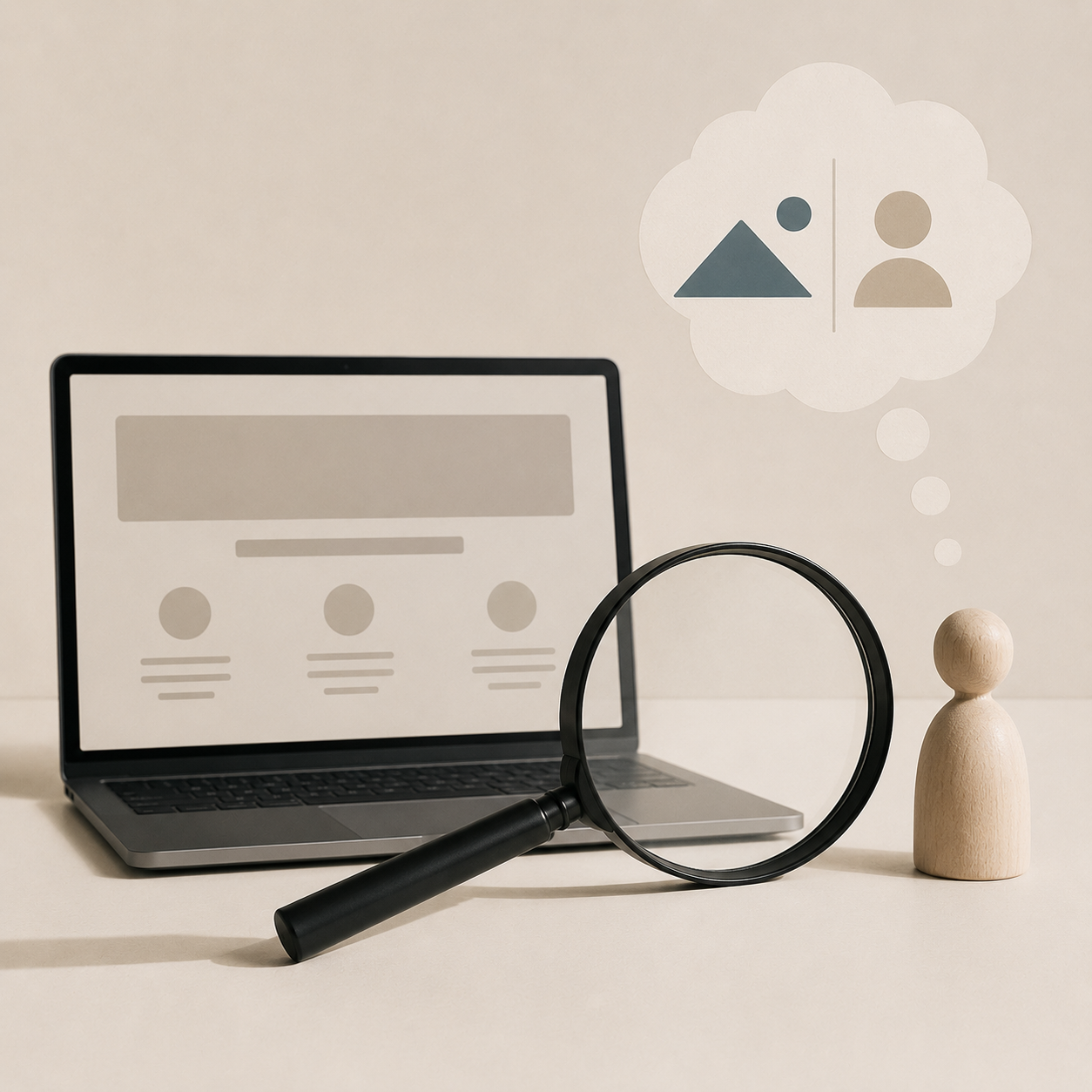Laptop on a table with a magnifying glass and a wooden figurine beside it, with a thought bubble containing icons of a mountain, circle, and person, symbolizing search and research.