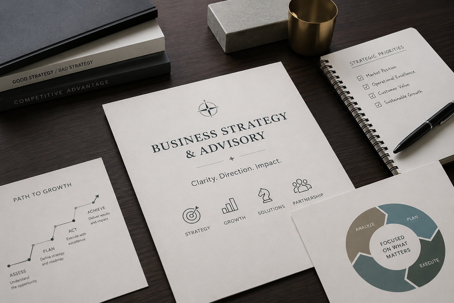 Business strategy and advisory materials focused on planning, decision-making, growth initiatives, and long-term organizational direction.