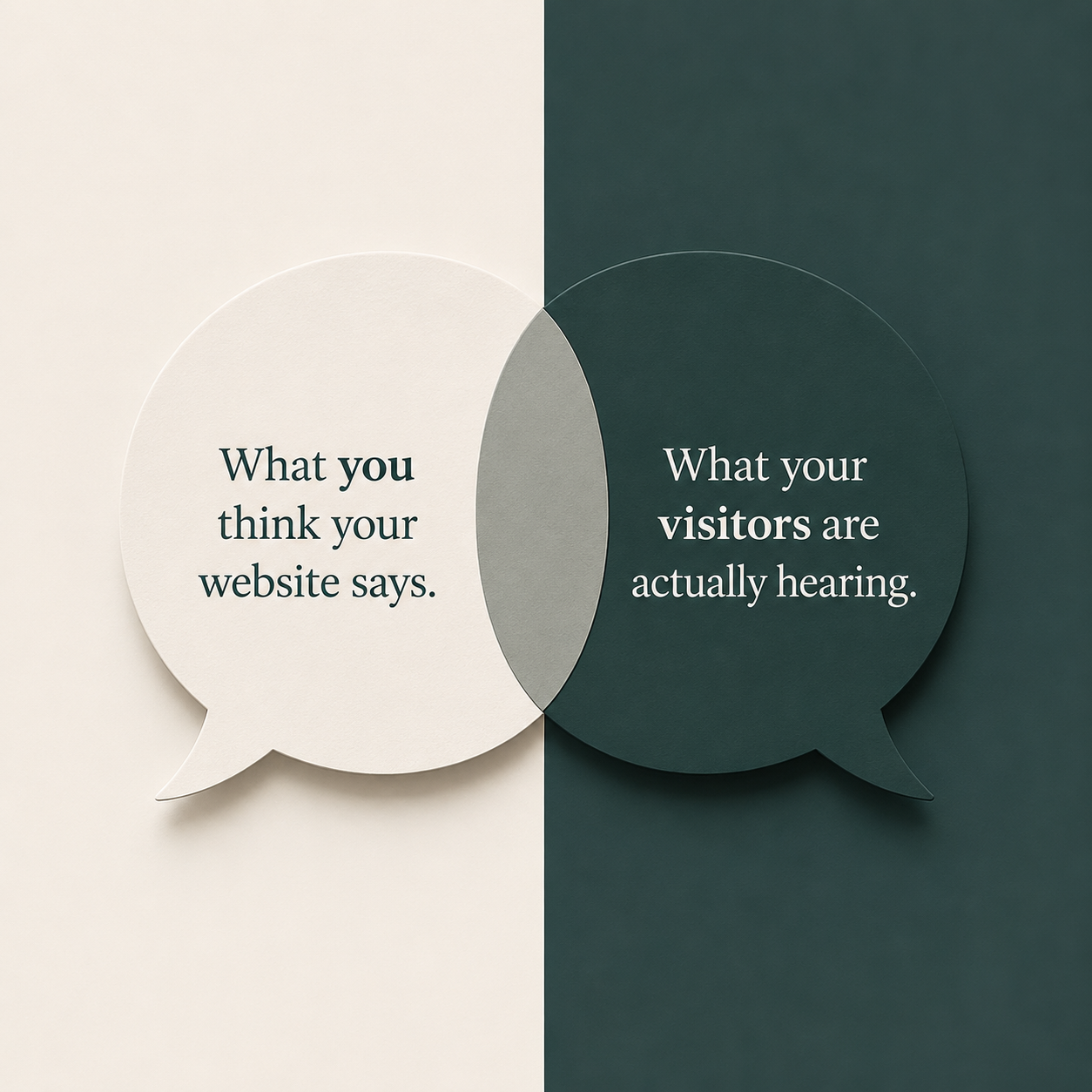 A visual comparison between two speech bubbles, one on a light background and one on a dark background. The left bubble says, "What you think your website says." The right bubble says, "What your visitors are actually hearing."