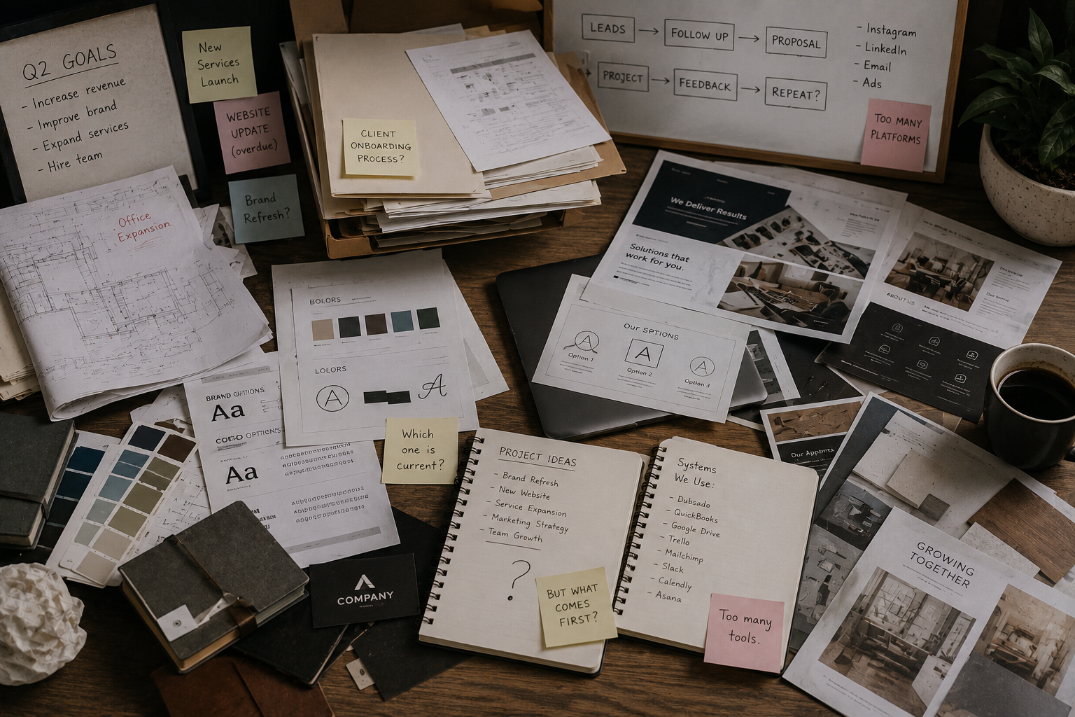 Collection of notes, plans, branding materials, sketches, and project documents spread across a desk, representing the early stages of organizing ideas, strategy, and business direction.