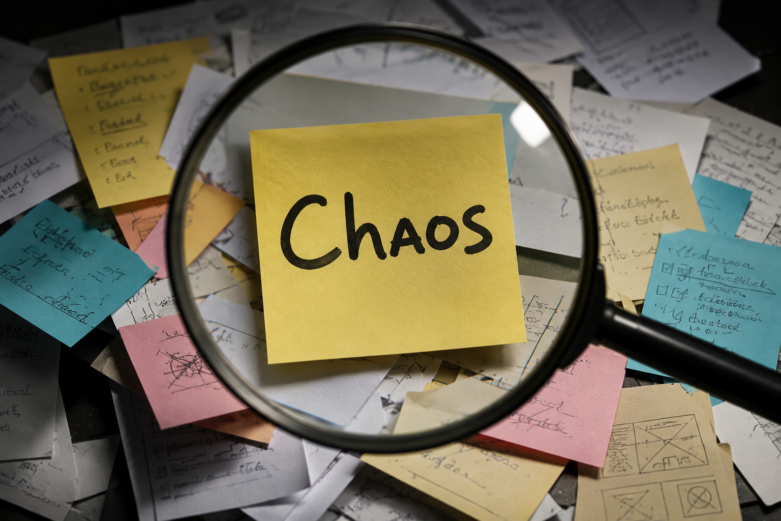 A yellow sticky note with the word 'Chaos' written on it, surrounded by scattered papers, notes, and sketches, with a magnifying glass focusing on the note.