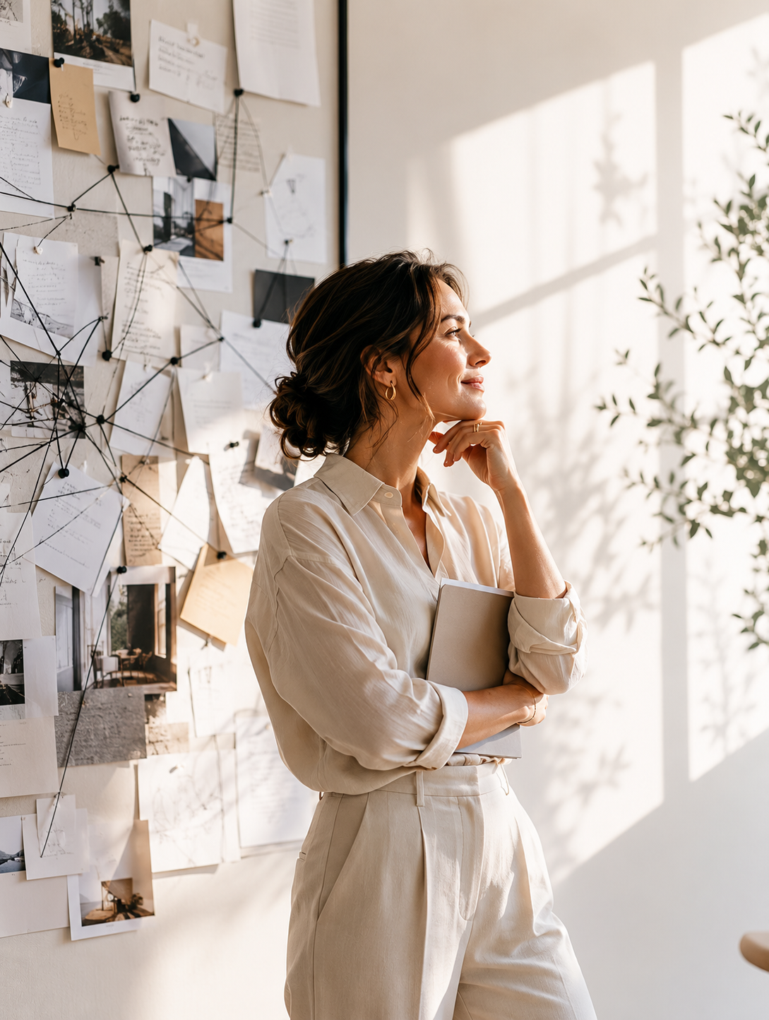 Business owner thoughtfully evaluating ideas, plans, and connections while developing strategy and direction for growth.