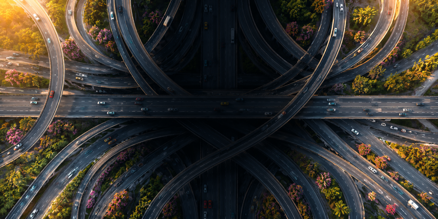 Complex network of interconnected highways and traffic patterns representing the hidden systems, dependencies, and root causes that drive business outcomes.