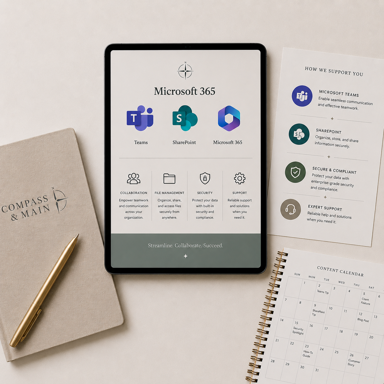 Microsoft 365 applications displayed on a tablet alongside business planning materials, representing collaboration, communication, document management, and productivity tools.