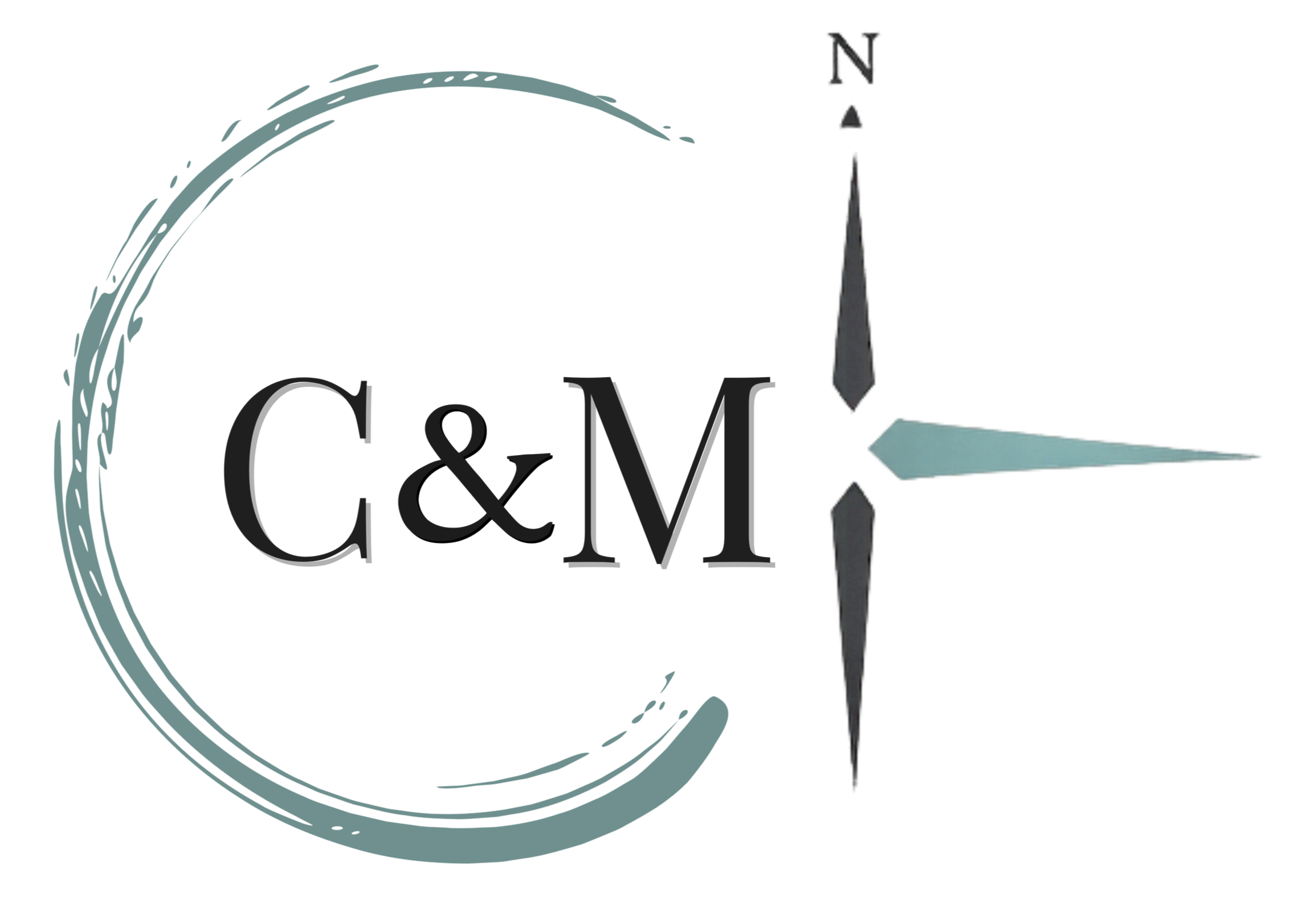 Compass & Main's circular brand design featuring the text 'C&M' in the center and half a Compass Star on the right.