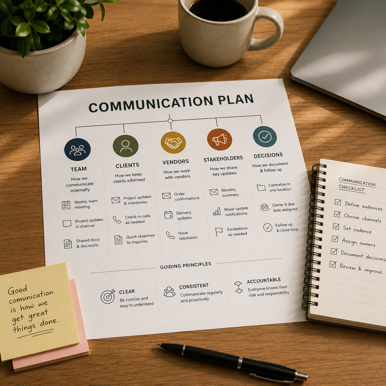 A printed communication plan on a wooden desk, including sections for team, clients, vendors, stakeholders, and decisions, with icons and notes. There is a notepad with a checklist, a pen, a cup of coffee, a laptop, a potted plant, and sticky notes with a motivational quote.