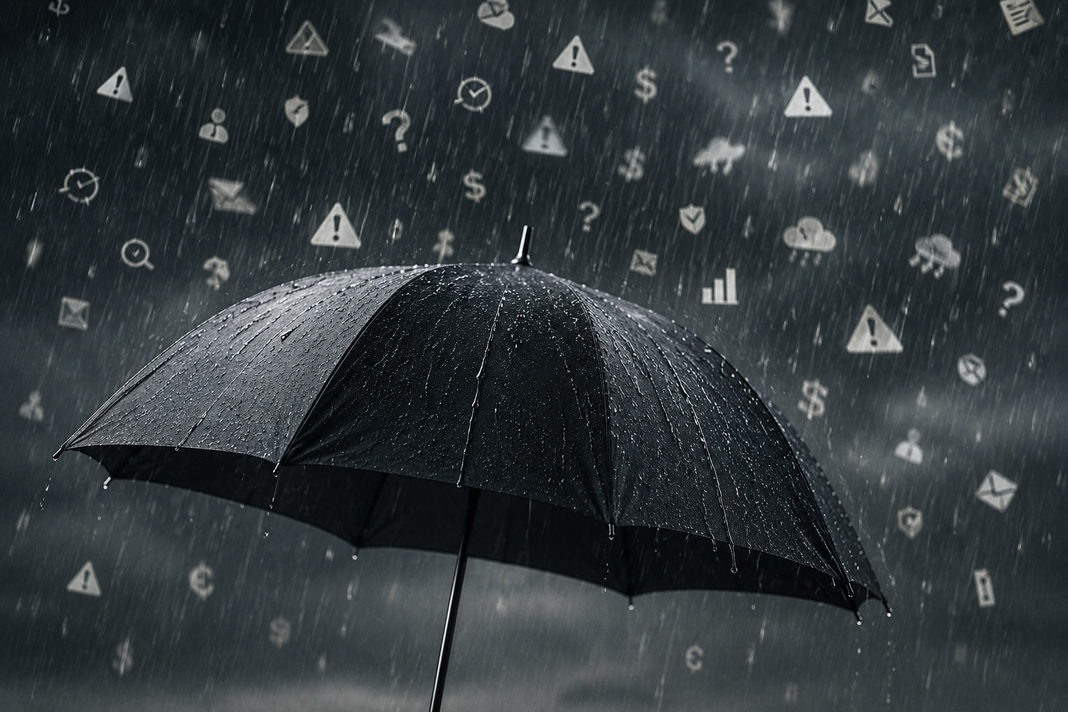 A black umbrella with raindrops on it, in rainstorm with various digital icons and symbols floating in the background.