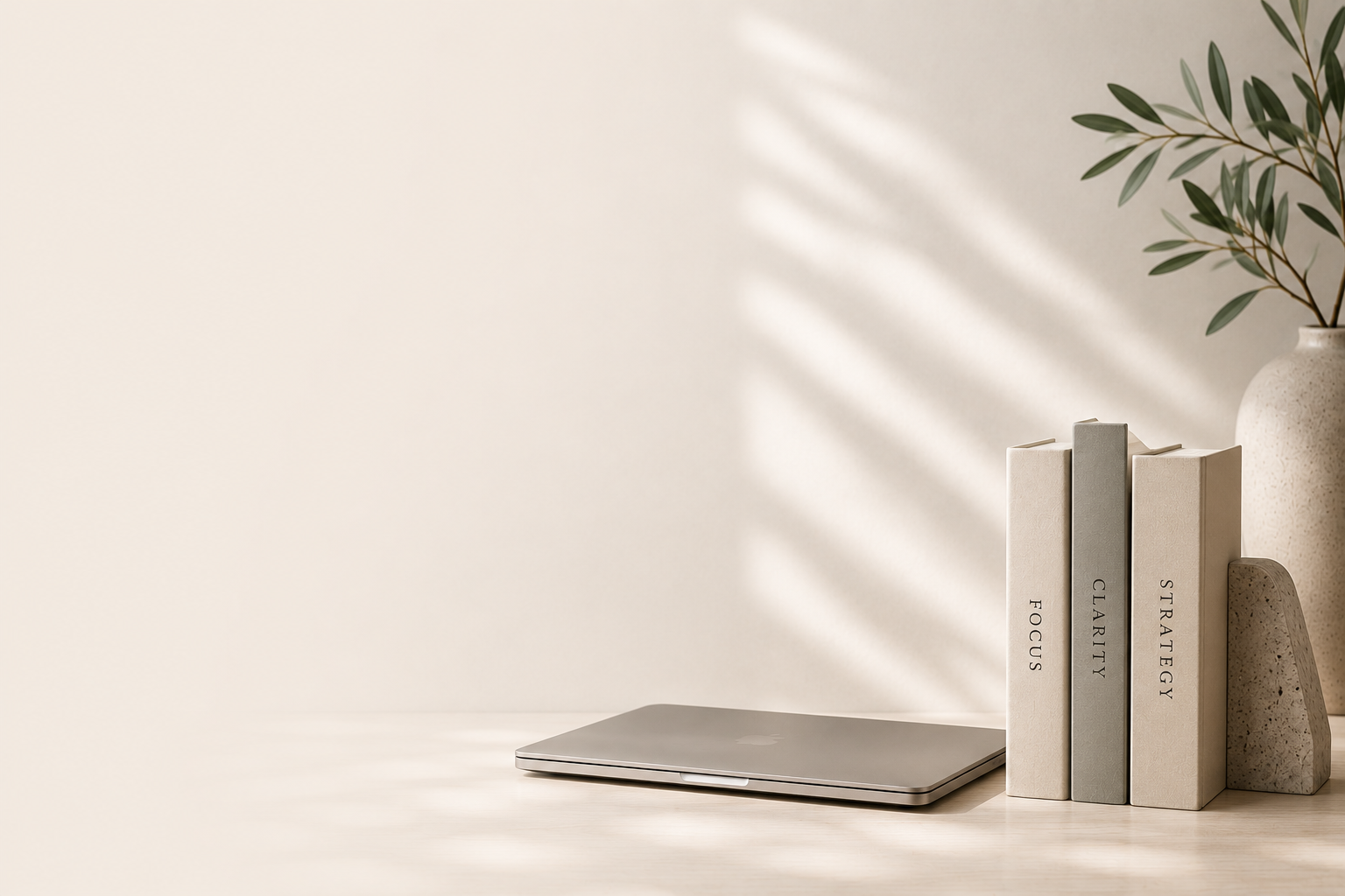 Modern workspace with a laptop, books, and refined office styling, representing business learning, professional development, and strategic thinking.