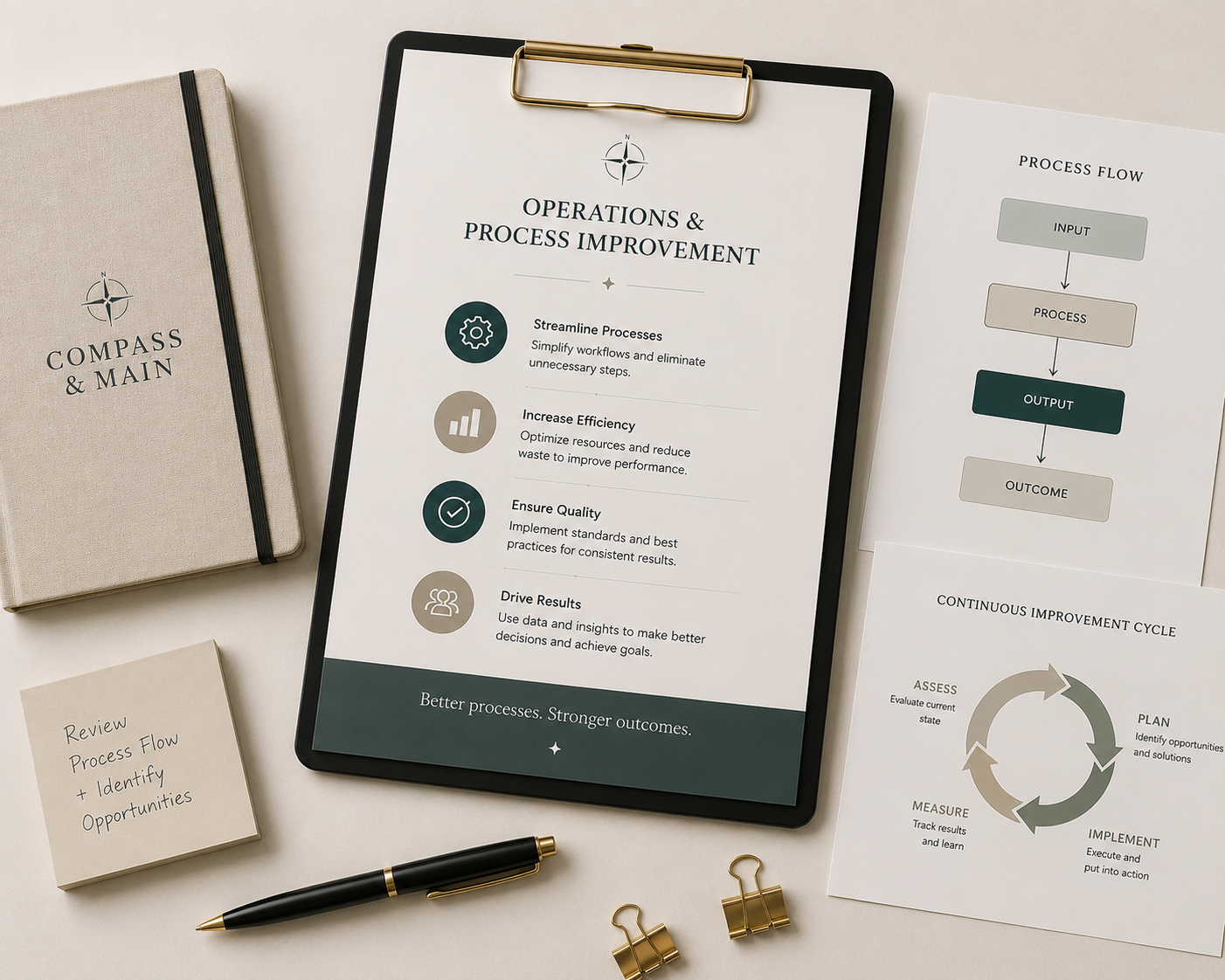 Business process and workflow planning materials illustrating operational improvement, documented procedures, productivity systems, and organizational structure.