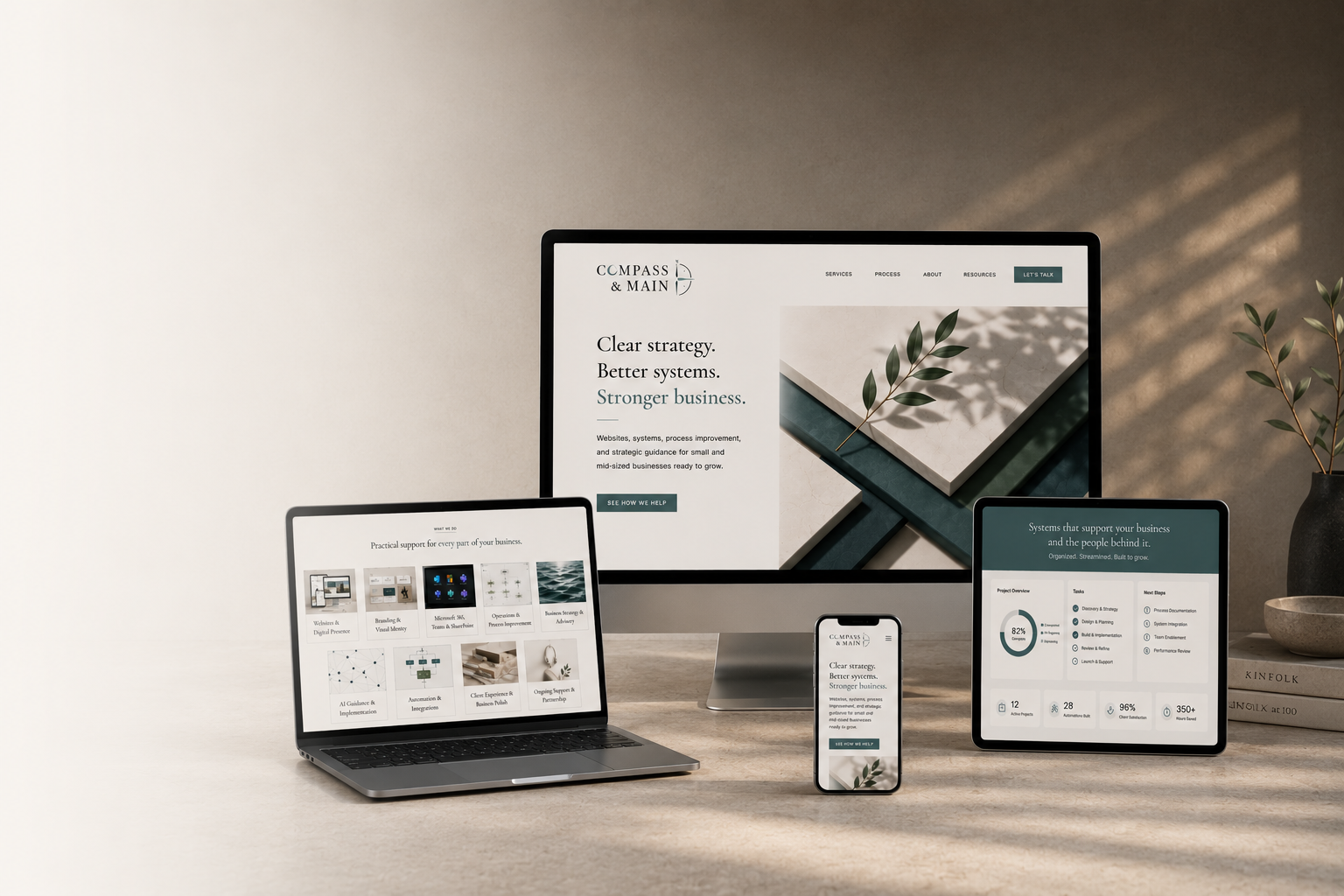 Business website displayed across desktop, laptop, tablet, and mobile devices.