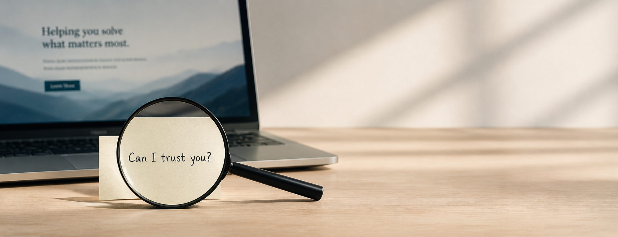 A computer laptop on a wooden desk with a magnifying glass holding a note that says 'Can I trust you?'. In the background, a blurred laptop screen displays a webpage.