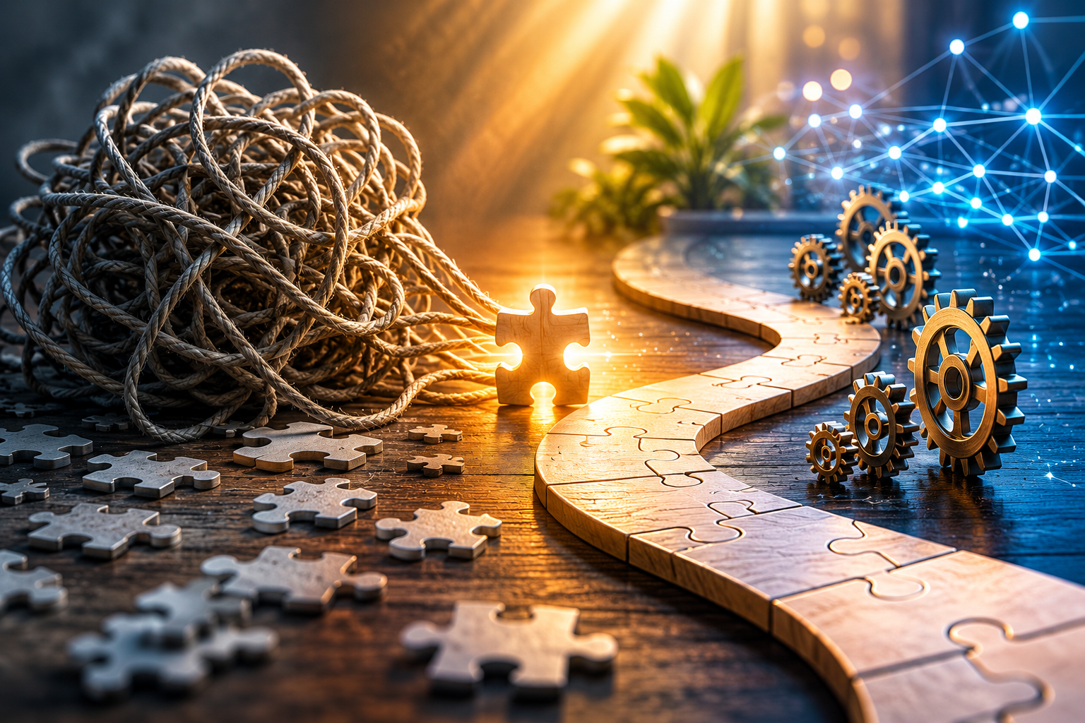 A jumbled ball of rope connected to a puzzle piece, with scattered puzzle pieces and a winding series of wooden puzzle pieces forming a path, alongside metal gears, a potted plant, and interconnected network lines in a digital background.