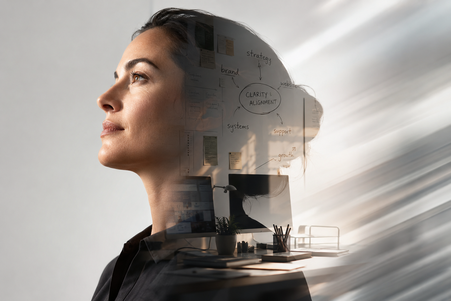 Business owner aligning strategy, systems, branding, and operations to create clarity, focus, and sustainable business growth.