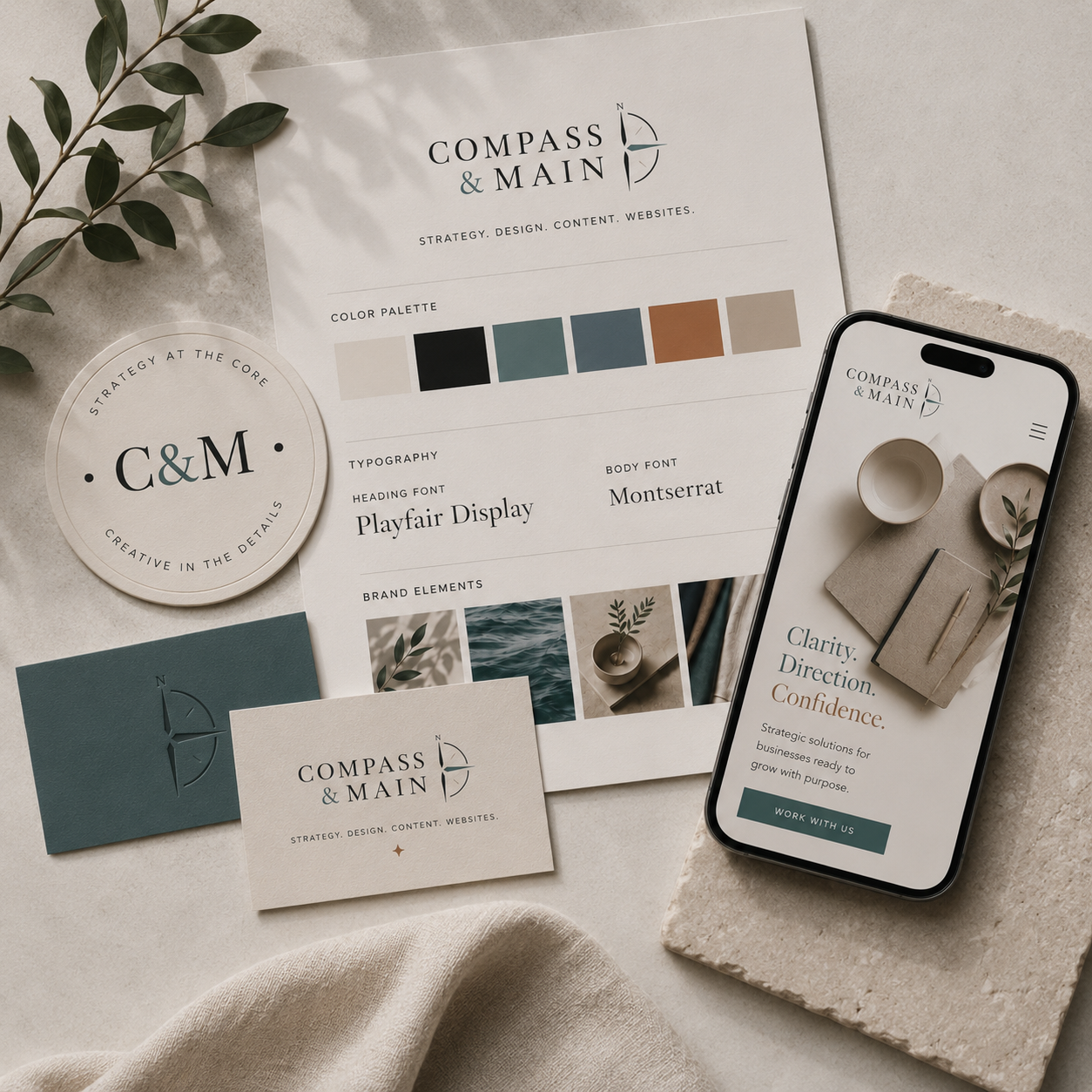 Brand identity materials including logos, colors, typography, business cards, and mobile design, representing a cohesive and professional business presence.