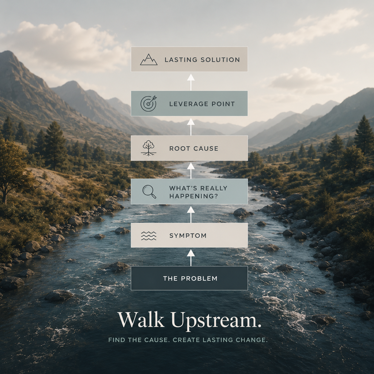 Diagram illustrating the progression from a visible problem and symptoms to deeper root causes, leverage points, and lasting solutions, with the message: "Walk Upstream. Find the cause. Create lasting change."