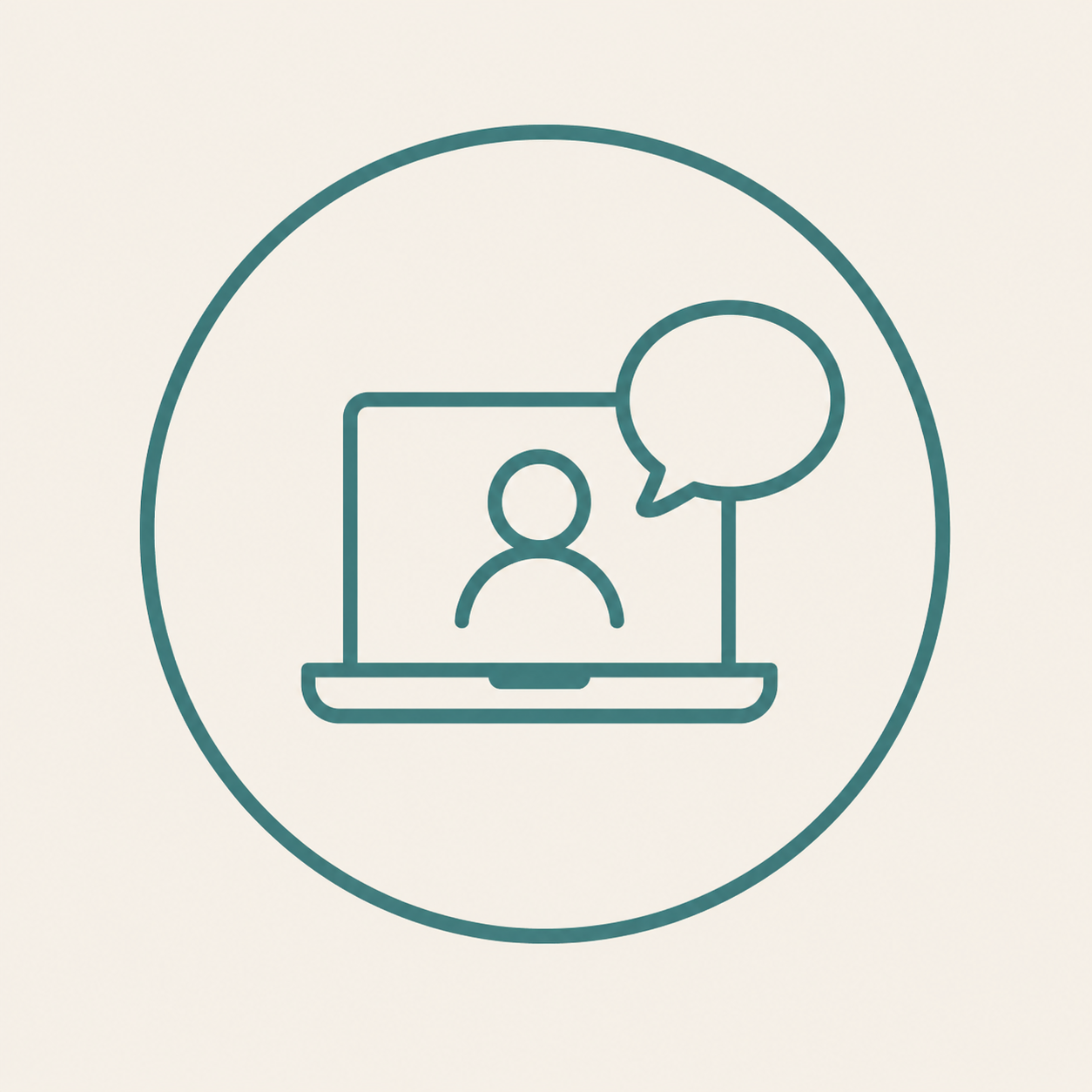 Icon of a virtual consultation showing a person on a laptop screen with a speech bubble, representing communication, guidance, and business support.