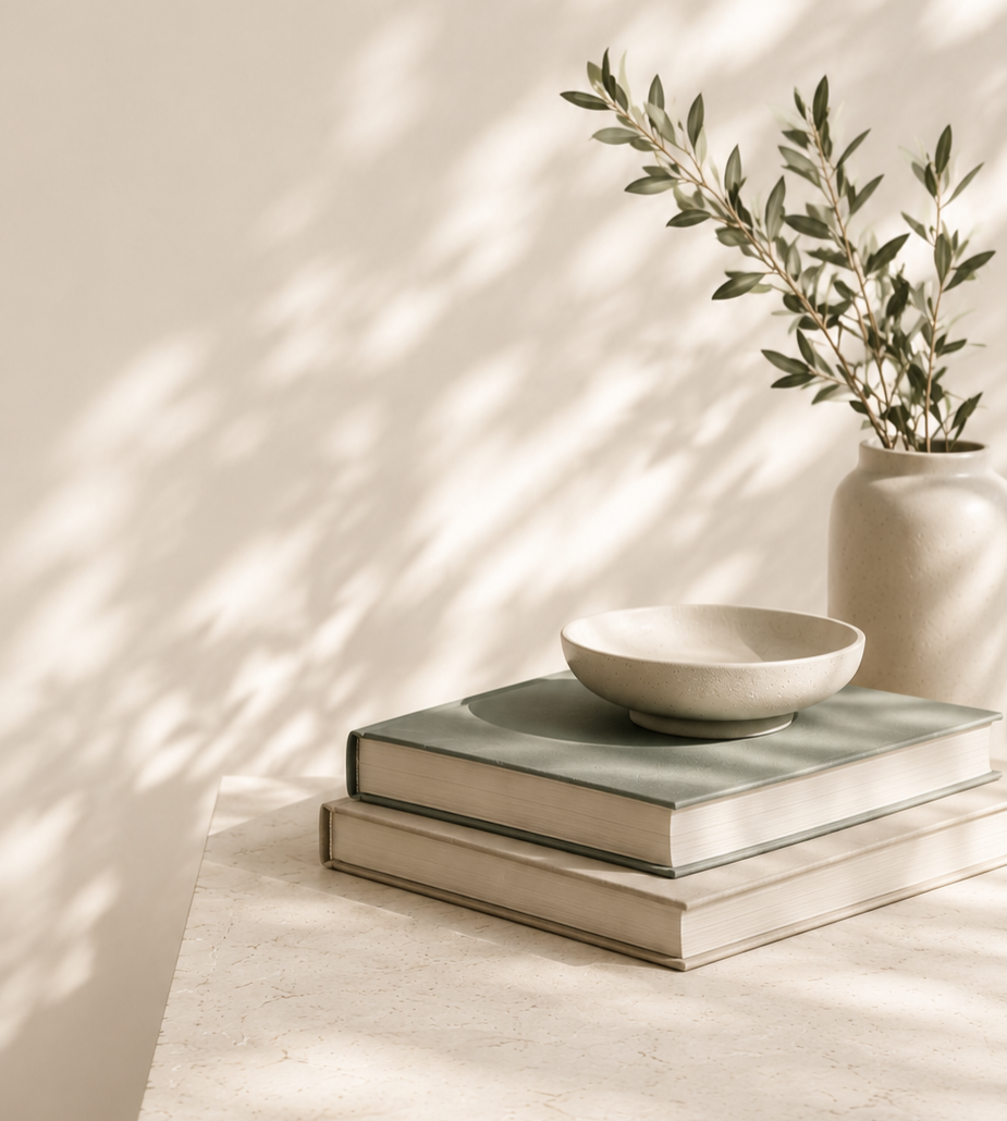 Soft neutral background with natural foliage and gentle sunlight, creating a calm and welcoming atmosphere that reflects thoughtful business growth and support.