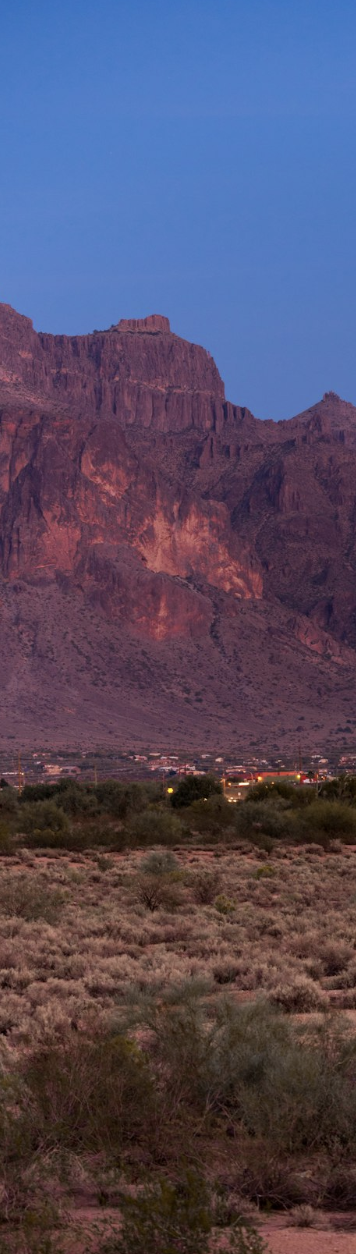 View of a desert landscape with sparse bushes and distant city lights beneath rugged mountains at dusk, with a clear blue sky.