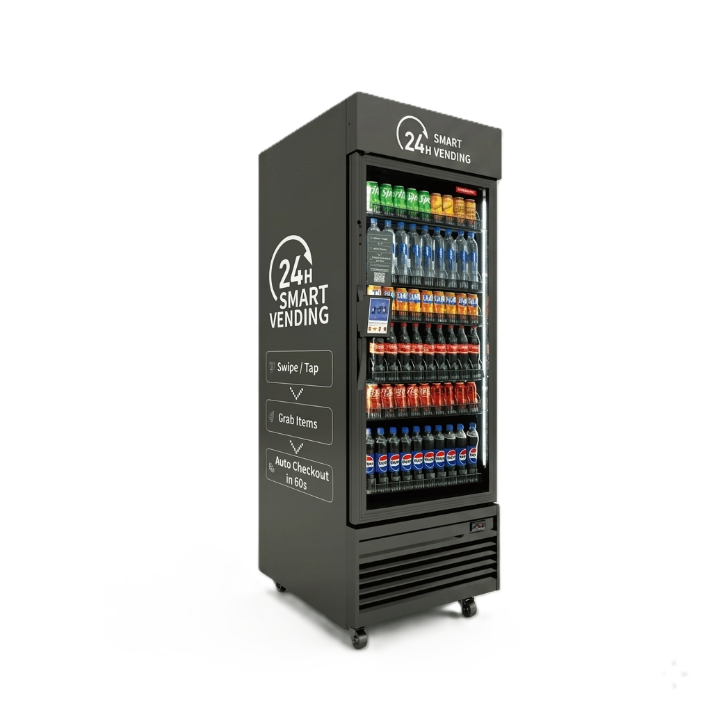 A vending machine labeled '24H Smart Vending' with various beverages, including soda, water, and juice, and instructions to swipe or tap, grab items, or use auto checkout.