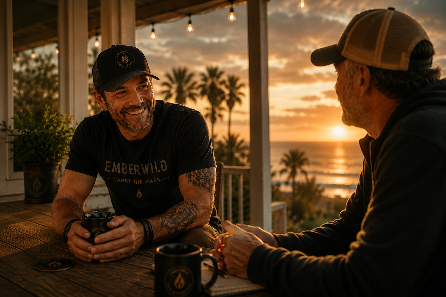 Two people sharing a conversation over coffee on a coastal porch at sunset, reflecting Emberwild's focus on curiosity, connection, and meaningful stories.