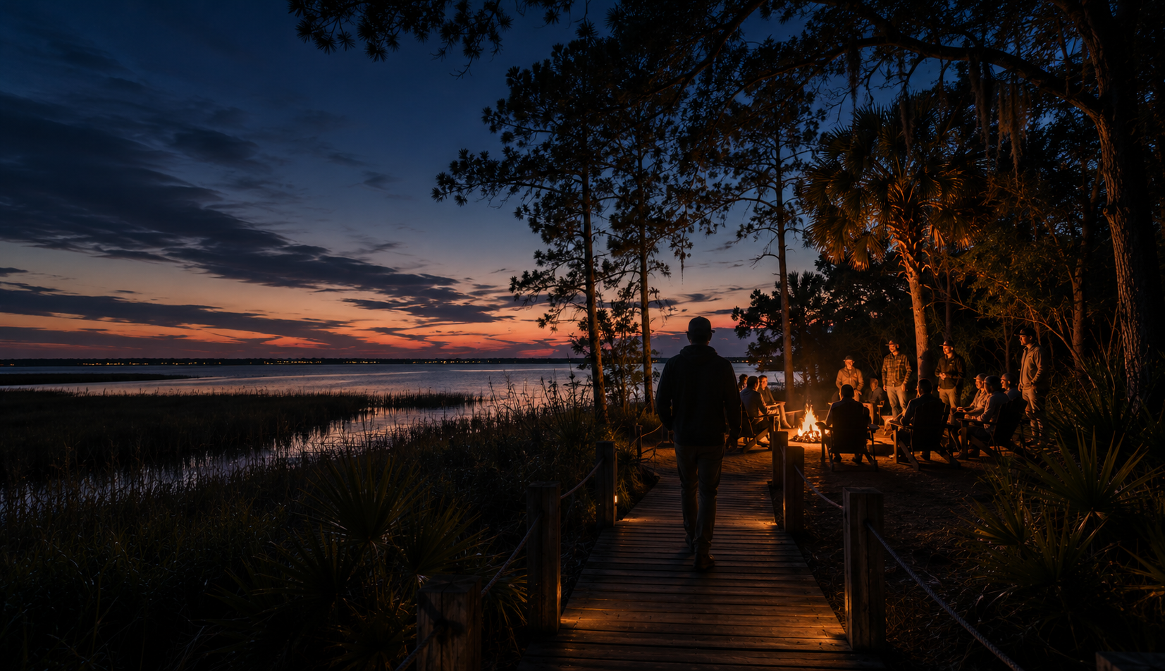 A traveler walks toward a campfire gathering at sunset, where stories are shared and new connections begin. Set along a quiet Florida boardwalk, the scene captures the Emberwild spirit of curiosity, purpose, and carrying the spark.