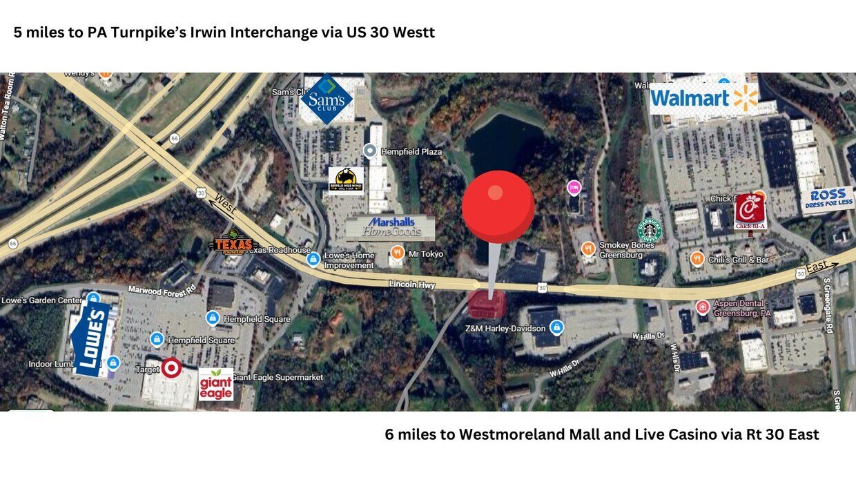 Satellite map showing routes to PA Turnpike's Irwin Interchange via US 30 West and Westmoreland Mall and Live Casino via Rt 30 East, with notable locations such as Walmart, Lowe's, Target, Chick-fil-A, Starbucks, and other stores marked.
