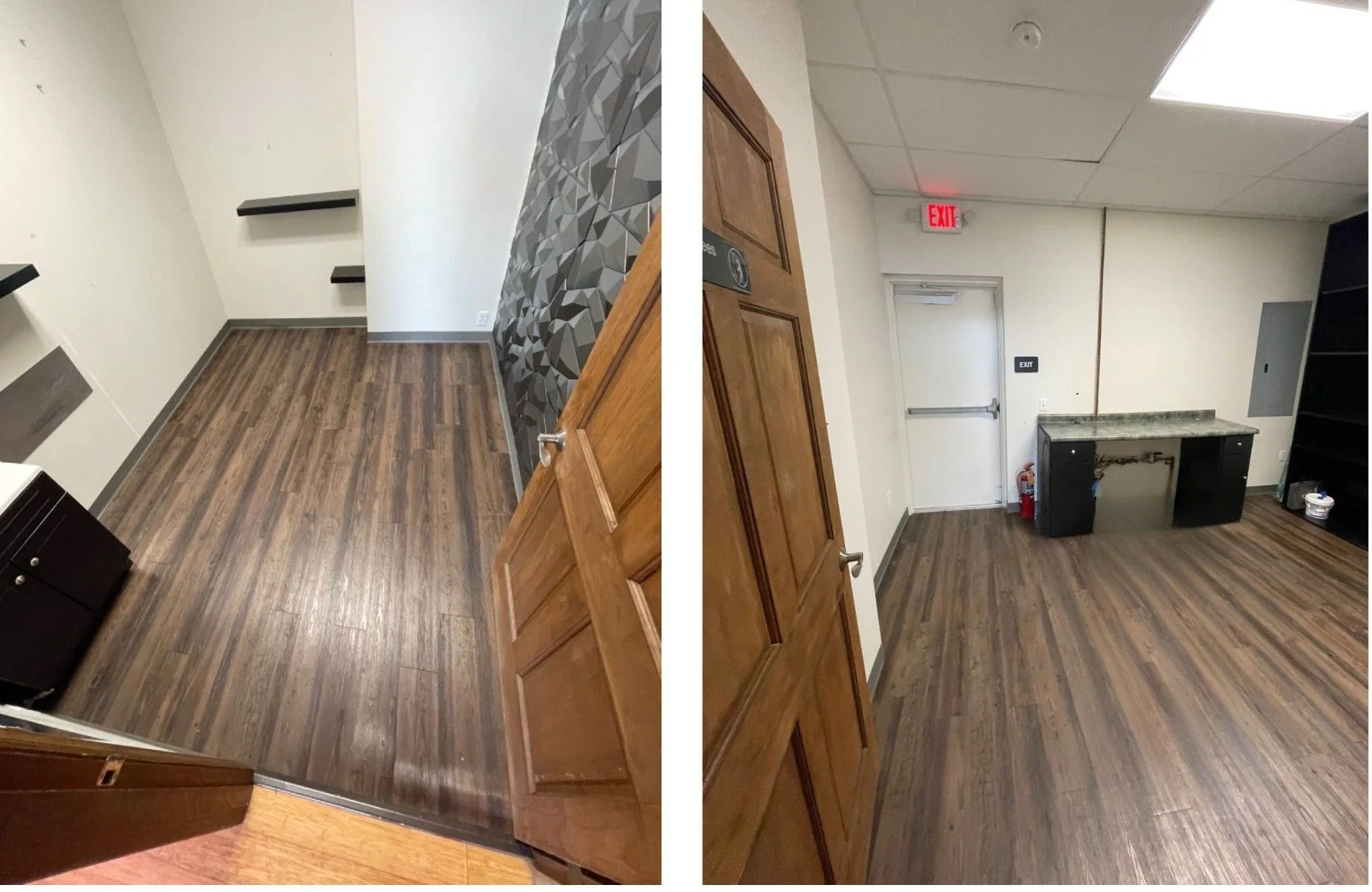 Comparison of two rooms, one with a corner featuring a wall with geometric patterned wallpaper and wooden flooring, the other with a plain wall, white door, fireplace opening, black shelf, and fire extinguisher.