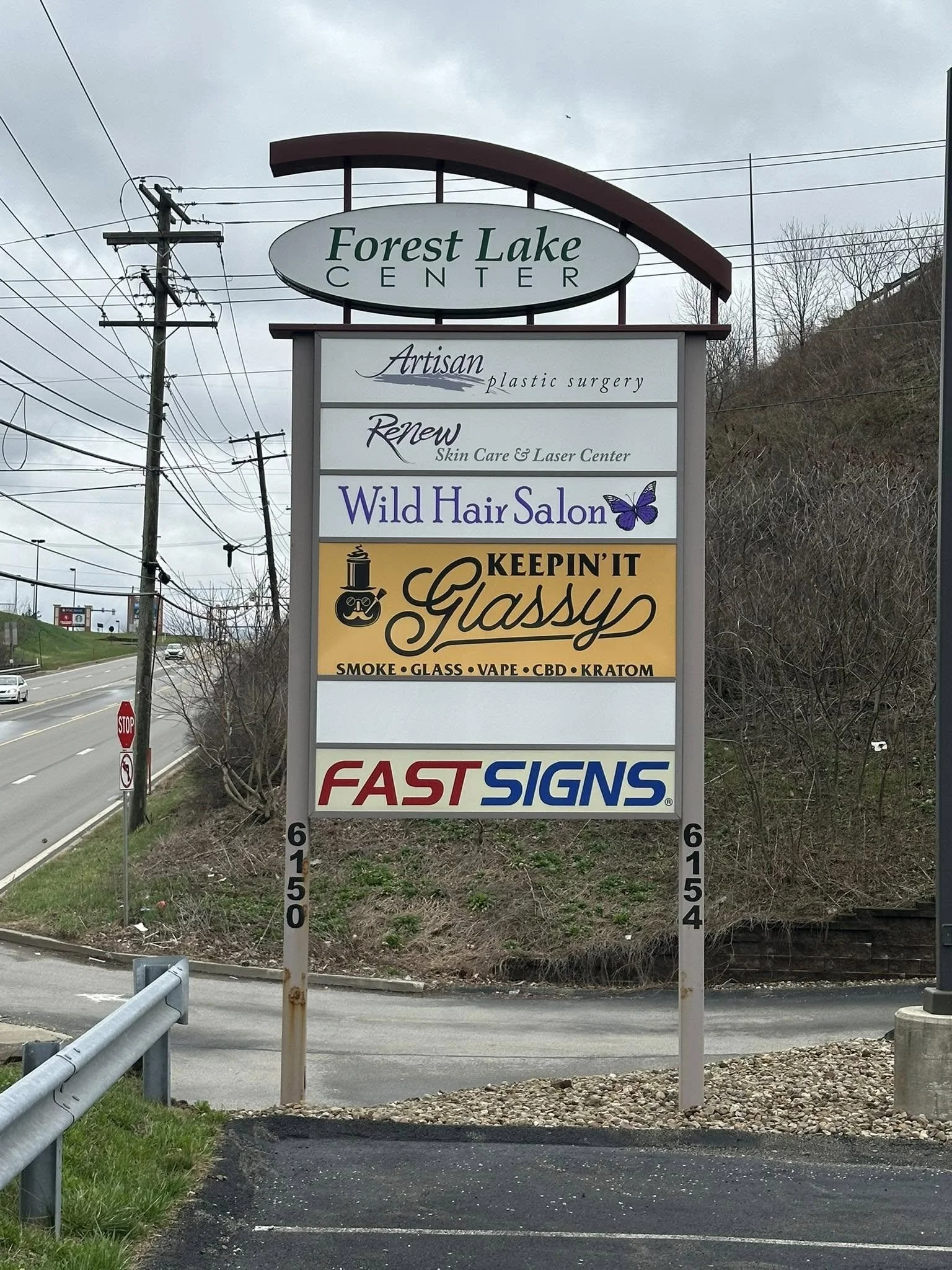A large outdoor sign for Forest Lake Center listing businesses including Artisan Plastic Surgery, Renew Skin Care & Laser Center, Wild Hair Salon, Keepin' It Glossy, and Fast Signs, with a highway and power lines in the background.