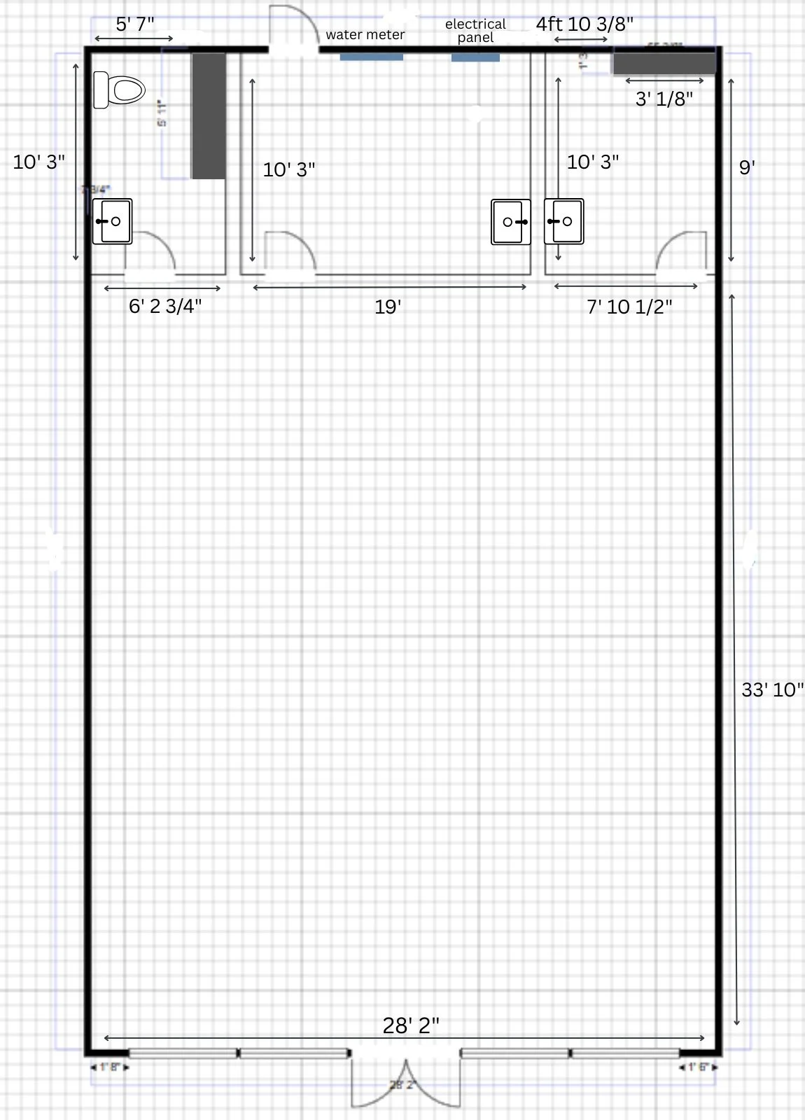 Architectural floor plan of a building with dimensions, including a large open space, two bathrooms, and utility areas with water meter and electrical panel.