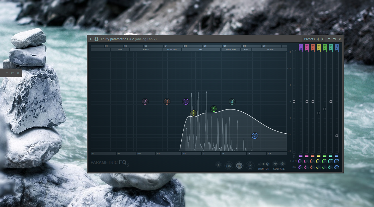 A computer screen displaying a parametric equalizer with multiple colorful frequency bands set at different levels.