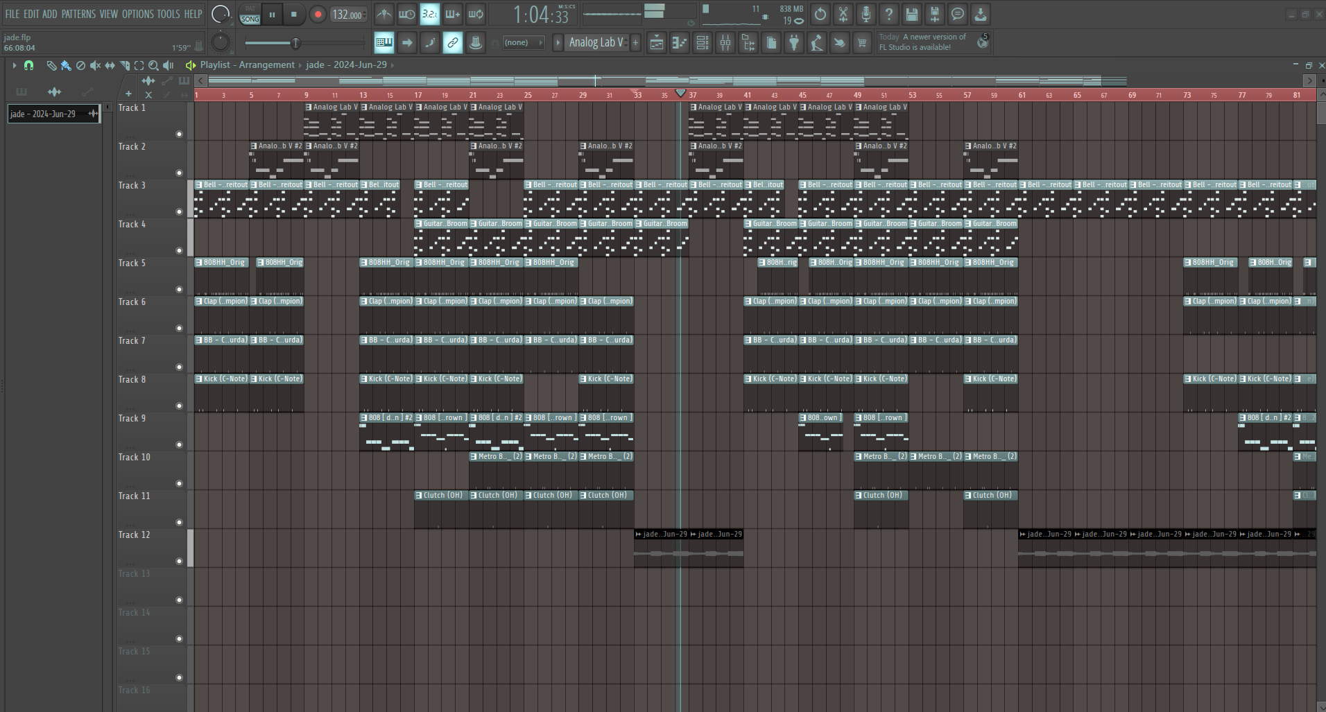 Digital audio workstation with a music project open, featuring multiple tracks, including bass, drums, guitar, and effects, with a timeline showing arrangement from start to end.