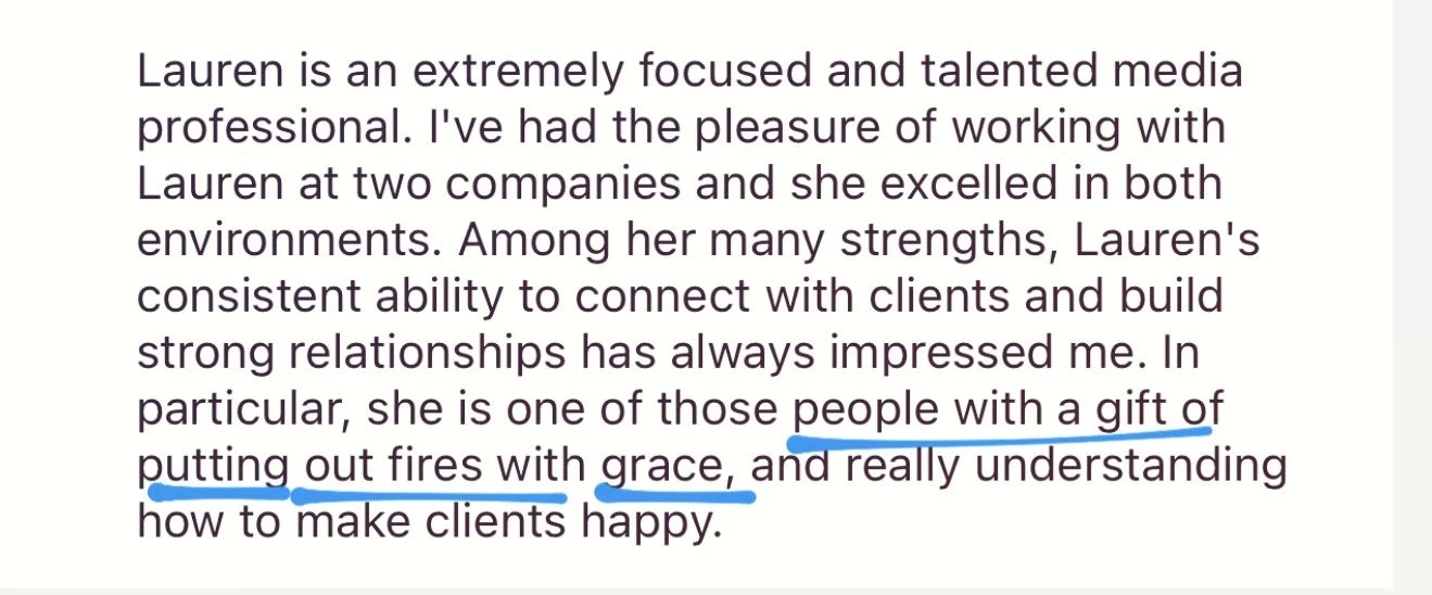 Text describing Lauren as a focused and talented media professional, highlighting her ability to connect with clients, build relationships, and manage challenges effectively.