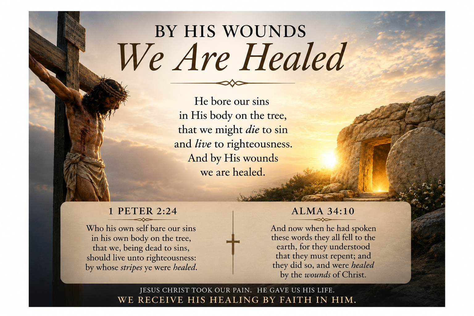       
  
     By His Wounds, We Are Healed   Jesus Christ did what no other sacrifice could do. He bore our sins in His own body, that we might die to sin and live unto righteousness.  Peter testified:   “By whose stripes ye were healed.” — 1 Peter 