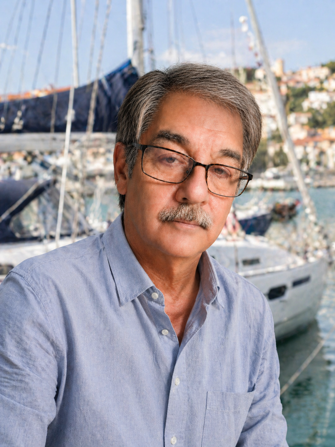 An older man with gray hair, a mustache, and glasses, wearing a light blue button-up shirt, standing in front of sailboats docked in a marina with hills and buildings in the background.