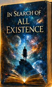 Book cover titled 'In Search of All Existence' featuring a cosmic scene with a person standing on an open book, surrounded by planets and stars.