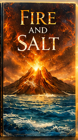 Book cover titled 'Fire and Salt' with a volcanic eruption and ocean scene