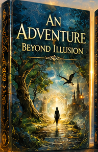 Book cover titled 'An Adventure Beyond Illusion' featuring a mystical forest scene with a person walking along a path, surrounded by glowing trees, a flying creature, and a bright, magical light in the background.